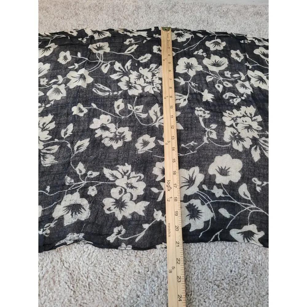 Black White Floral Fringe Scarf Lightweight Boho Wrap Layering Classic Fall